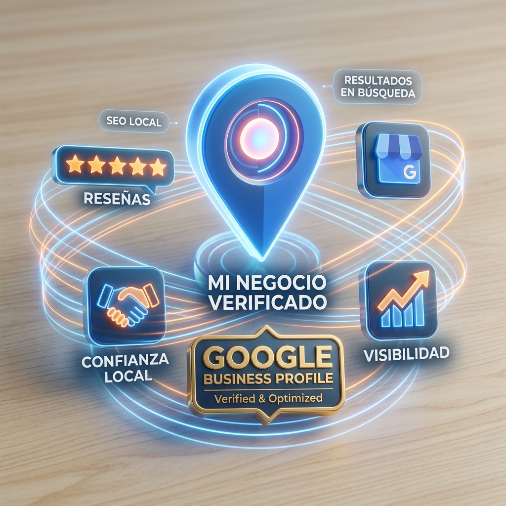 Gráfico conceptual cuadrado de optimización de perfil de negocio para presencia básica en Google, mostrando iconos de Google Maps, estrellas de reseñas, visibilidad local y un sello de negocio verificado sobre una mesa de oficina.